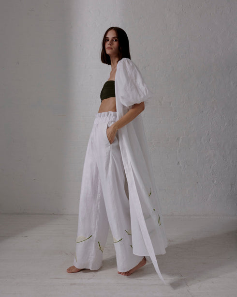 San Benito Embroidered Linen Pants / White